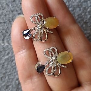 Natural Yellow Blue Sapphire .925 Sterling Silver Drop Earrings